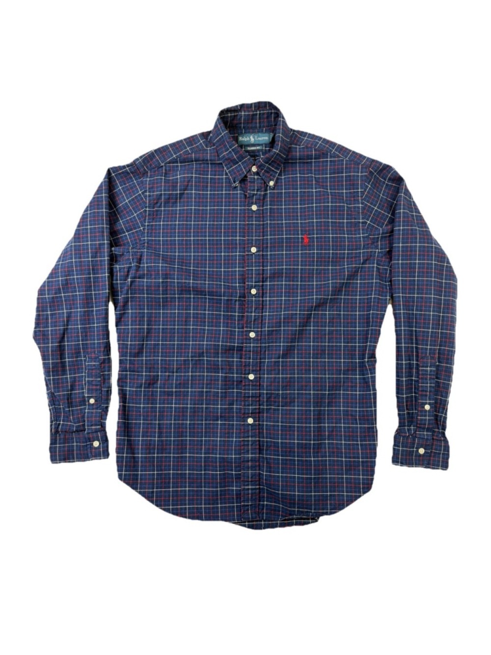 Ralph Lauren Mens Button Down Shirt Classic Fit Sz L Plaid Blue Pony Long Sleeve